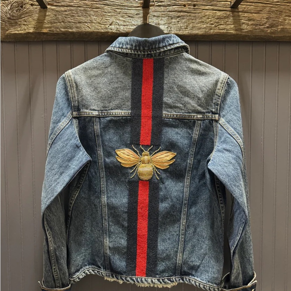 Golden Bee Denim Jacket with glass beads and embroidery.